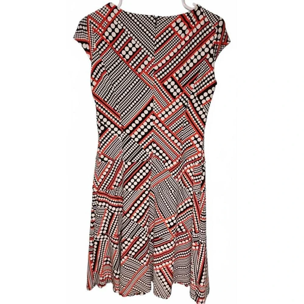 Anne Klein Women Bold Geometric Polka Dot Fit‎ Flare Dress Cap Sleeve Size 4 Mod